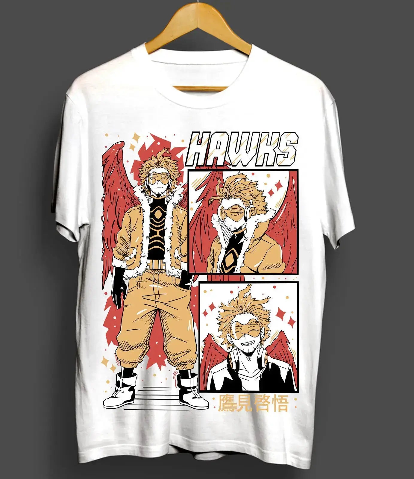 Black Wing Hero Hawks T-Shirt featuring Keigo Takami from anime manga, designed by Infinite Visibility.