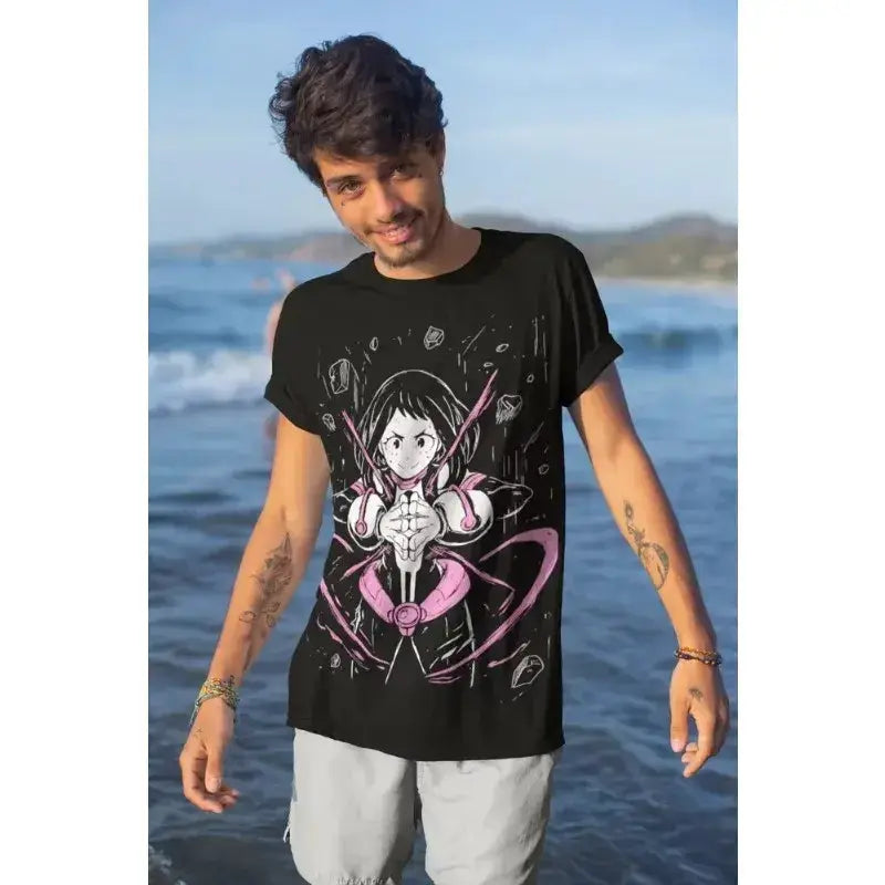 Ochaco Uraraka BNHA anime cosplay T-shirt by Infinite Visibility, soft fabric, featuring graphic of Ochaco in her hero costume.