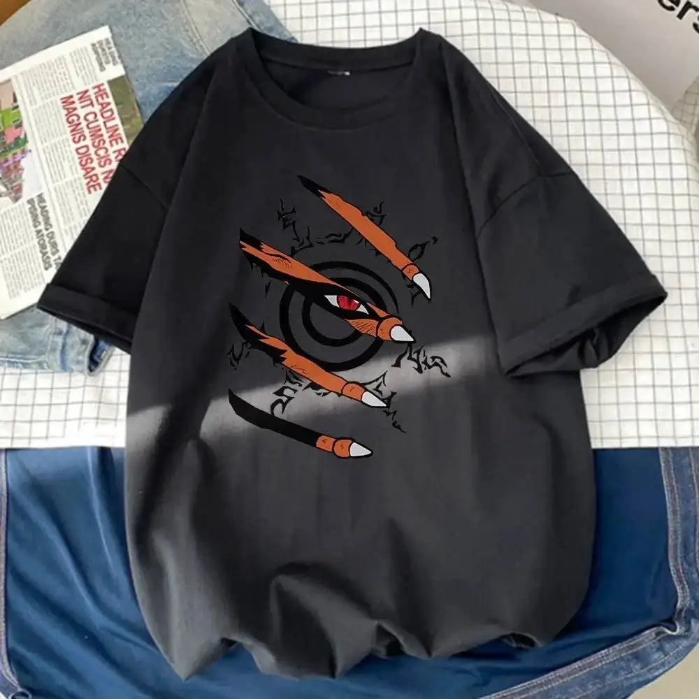 Naruto graphic T-shirt by Infinite Visibility featuring Nine-Tails Seal design, showcasing vibrant anime-inspired artwork on a casual top.