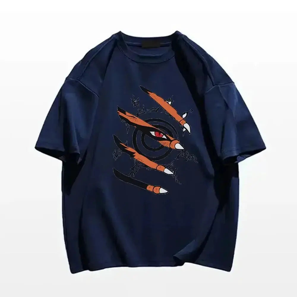 Naruto graphic T-shirt featuring Nine-Tails Seal design, Infinite Visibility brand, shown on a casual anime-inspired top.