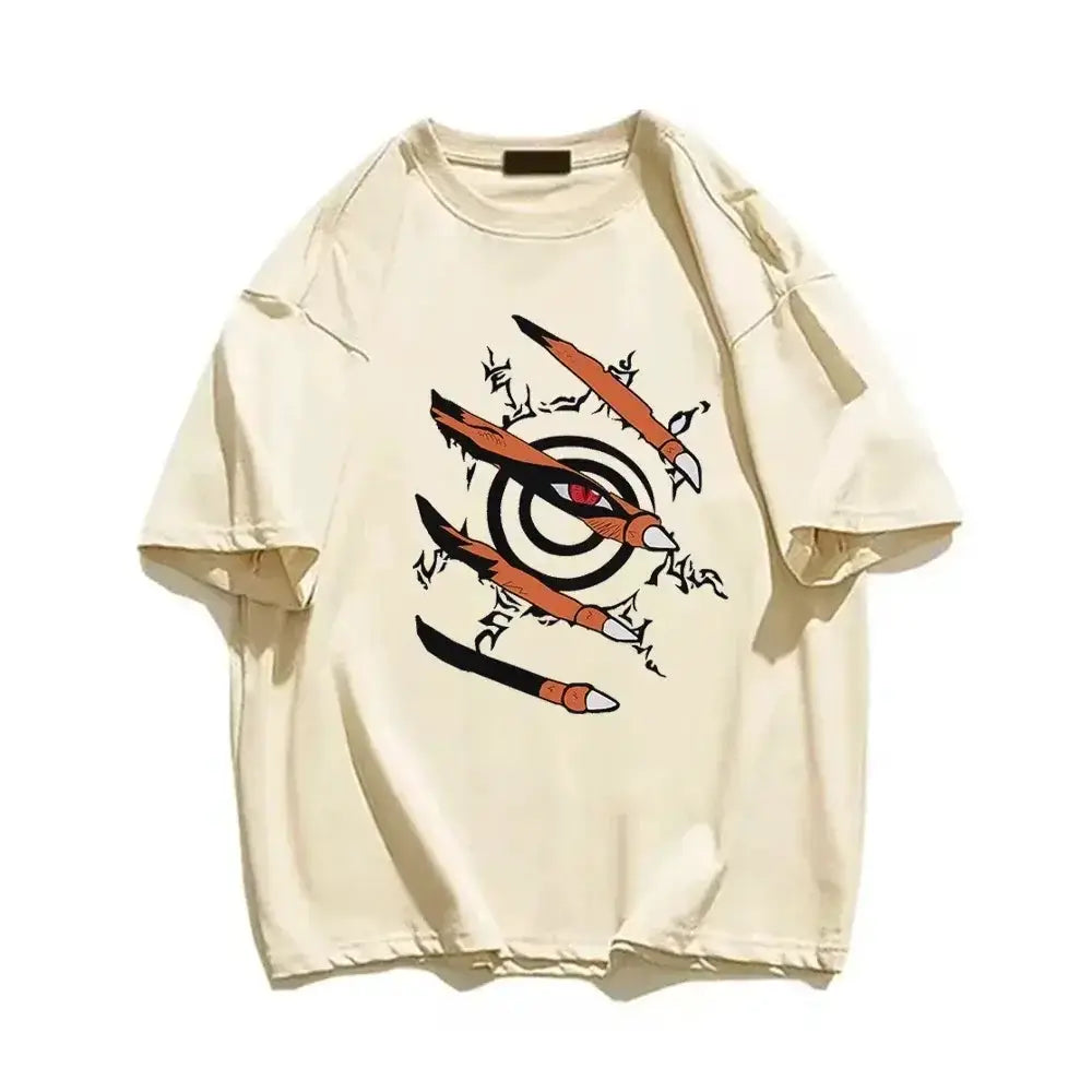 Naruto graphic T-shirt featuring Nine-Tails Seal design in anime style, casual fit, black fabric, by Infinite Visibility.