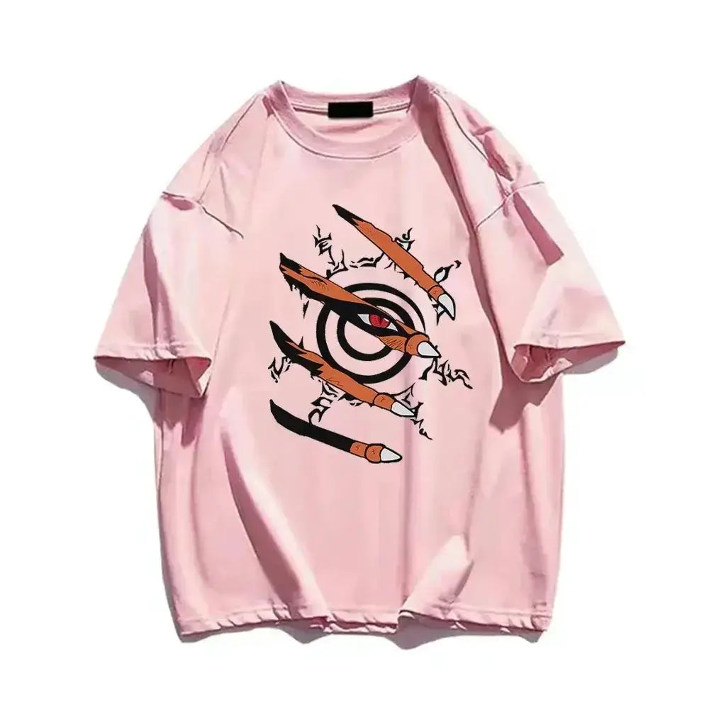 Naruto graphic T-shirt featuring Nine-Tails Seal design, black anime top by Infinite Visibility, displayed on a hanger.