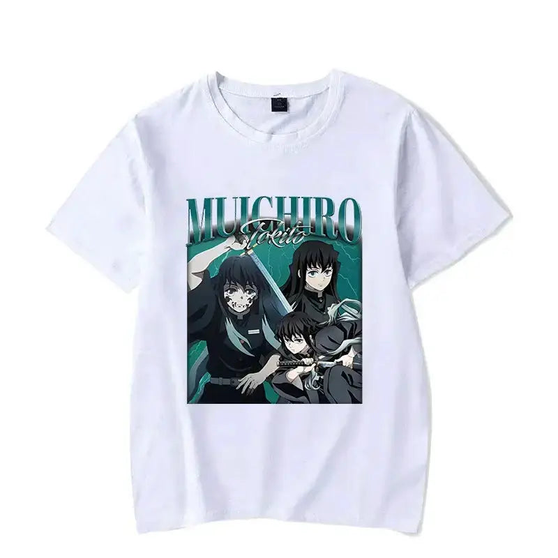 Black Tokitou Muichirou Demon Slayer graphic T-shirt by Infinite Visibility featuring detailed character illustration.