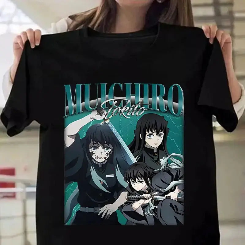 Demon Slayer Tokitou Muichirou graphic T-shirt by Infinite Visibility featuring character illustration on black cotton tee