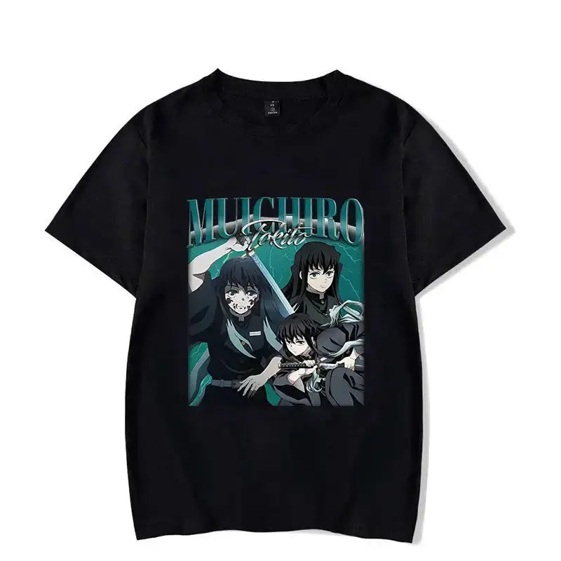 Black Demon Slayer Tokitou Muichirou graphic T-shirt from Infinite Visibility featuring Muichirou's character illustration.