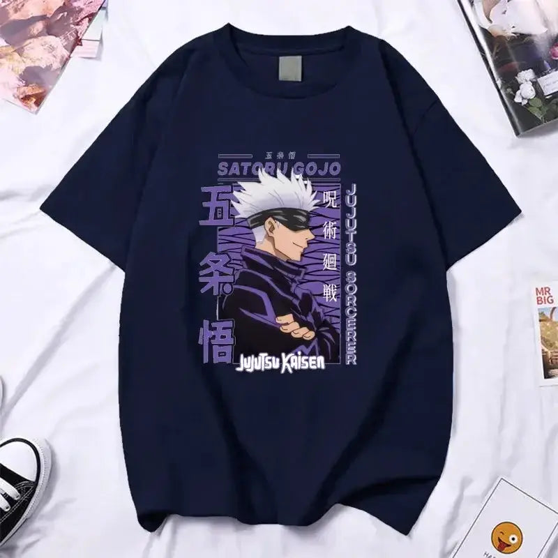 Black Gojo Satoru T-shirt featuring high-quality Y2K anime design, Infinite Visibility brand, casual fit, and vibrant graphic print.