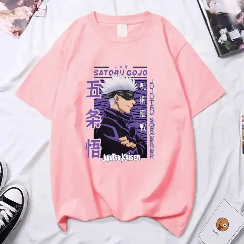 Infinite Visibility Gojo Satoru anime T-shirt featuring high-quality Y2K style design with bold graphics and vibrant colors.