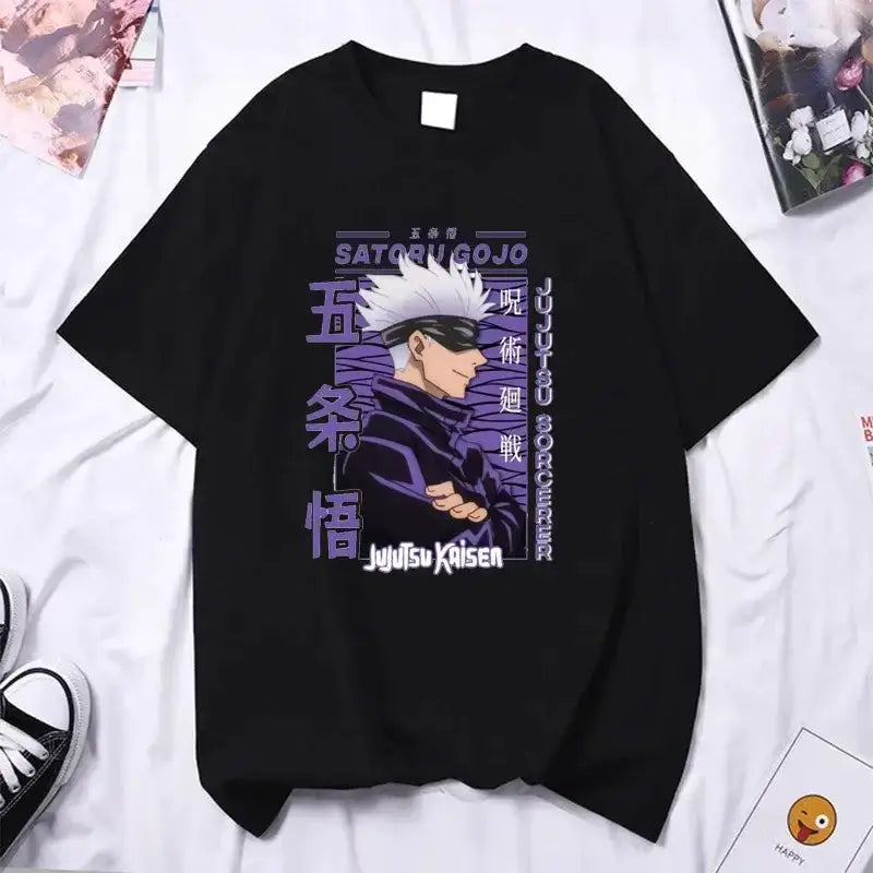 High-quality Gojo Satoru Y2K anime T-shirt by Infinite Visibility, featuring a stylish design on a comfortable black fabric.