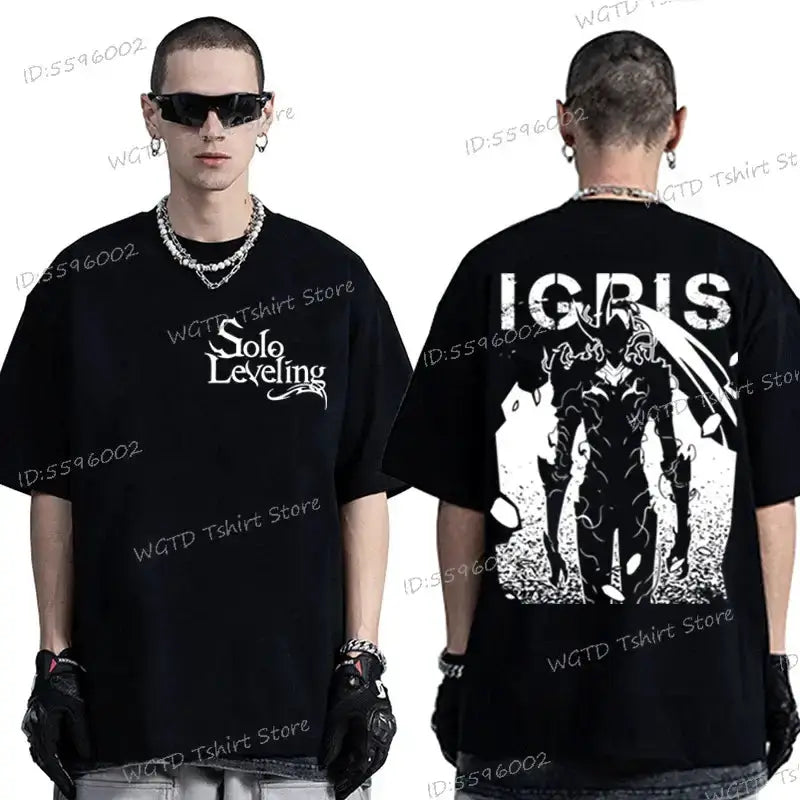 Black Solo Leveling T-shirt featuring Sung Jin-woo graphic, 100% cotton, from Infinite Visibility, shown laid flat.