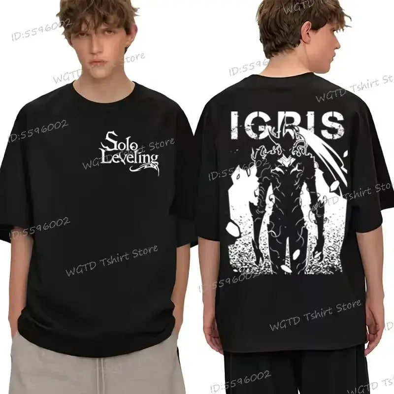 Black Solo Leveling T-shirt featuring Sung Jin-woo design from Infinite Visibility, made of 100% cotton, casual fit.