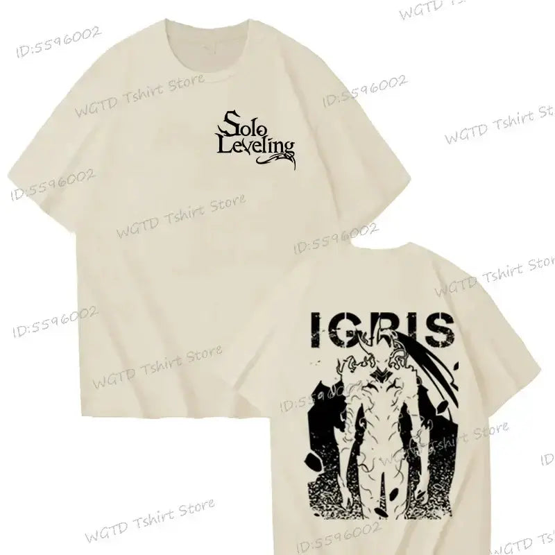 White Solo Leveling T-shirt featuring Sung Jin-woo graphic, made of 100% cotton, by Infinite Visibility.