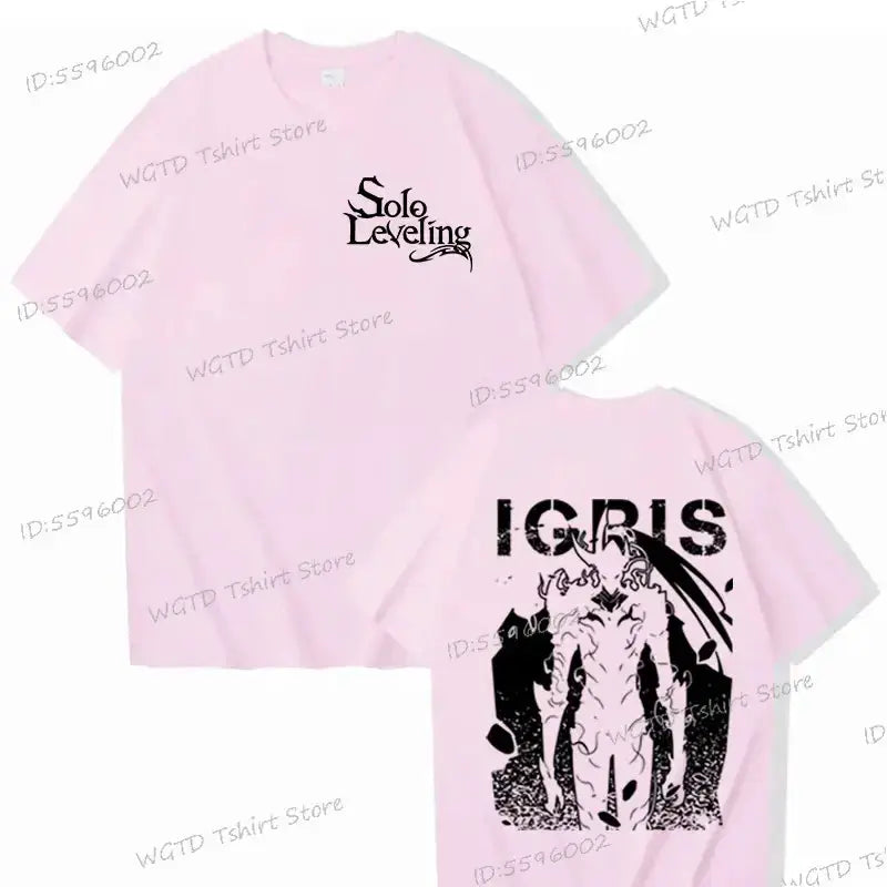 Black Solo Leveling T-shirt featuring Sung Jin-woo design, 100% cotton Infinite Visibility tee with detailed character artwork.