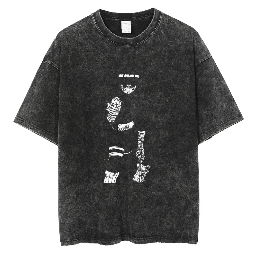 Vintage washed black Naruto Rock Lee streetwear T-shirt by Infinite Visibility, featuring a bold graphic design.