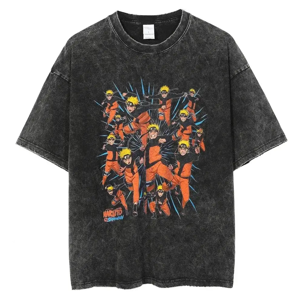 Vintage washed black Naruto Rock Lee streetwear T-shirt by Infinite Visibility featuring a graphic design of Rock Lee.