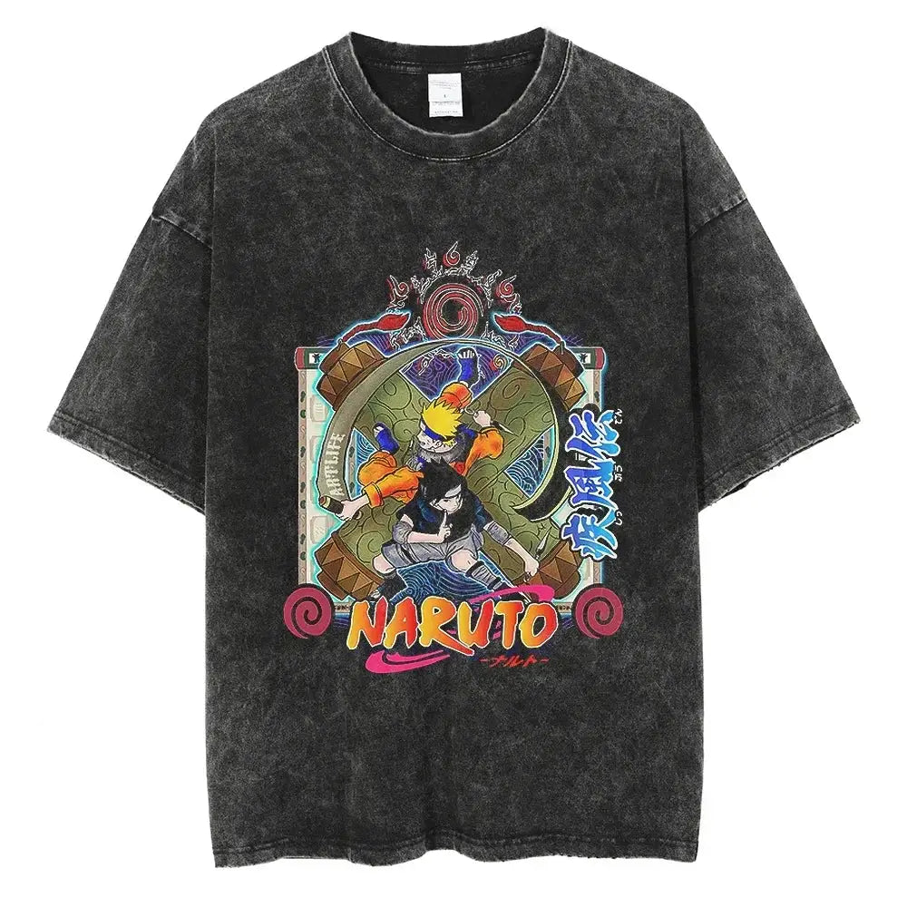 Vintage washed black Naruto Rock Lee streetwear T-shirt by Infinite Visibility, featuring a graphic of Rock Lee in streetwear style.