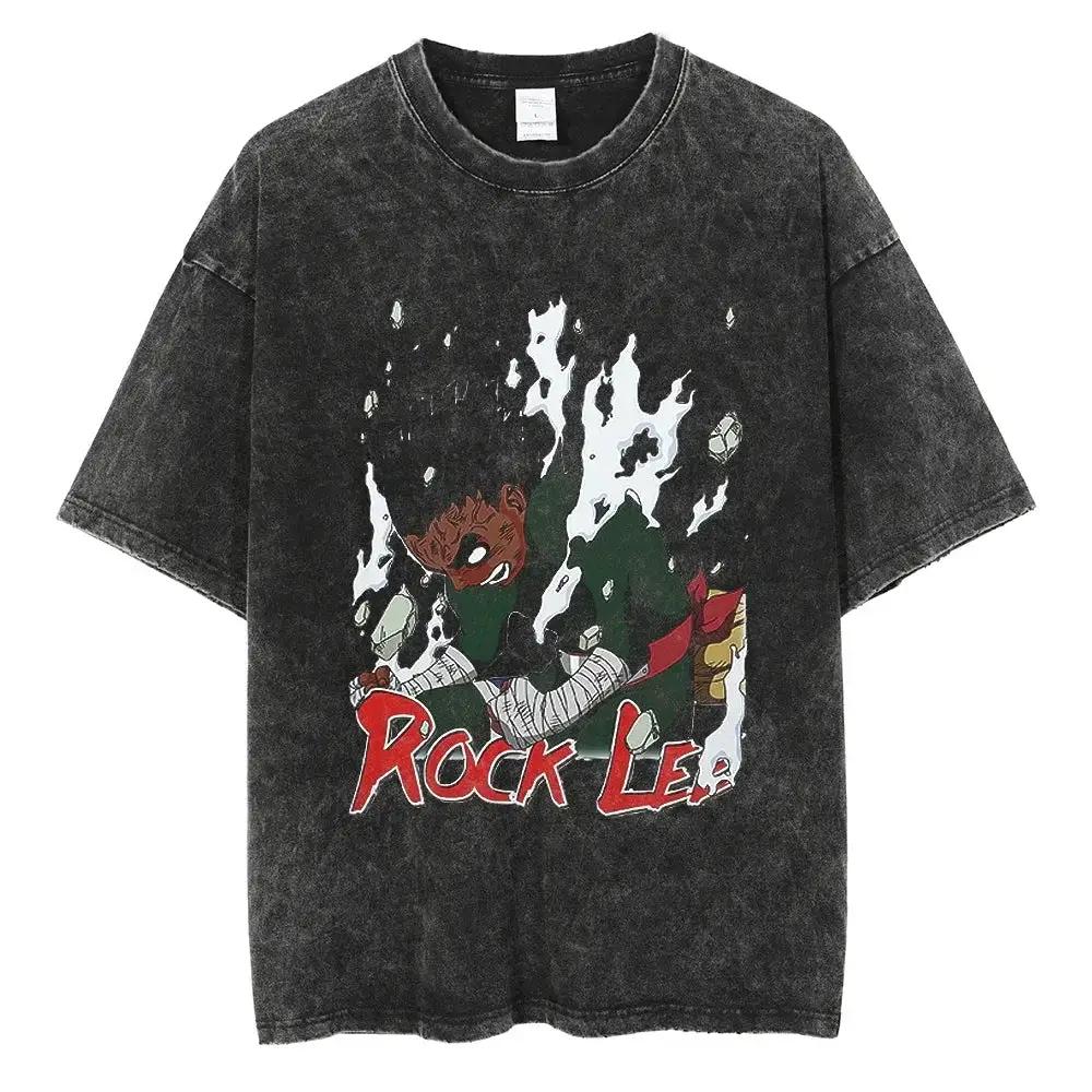 Vintage washed black Naruto Rock Lee streetwear T-shirt by Infinite Visibility featuring a graphic design of Rock Lee.