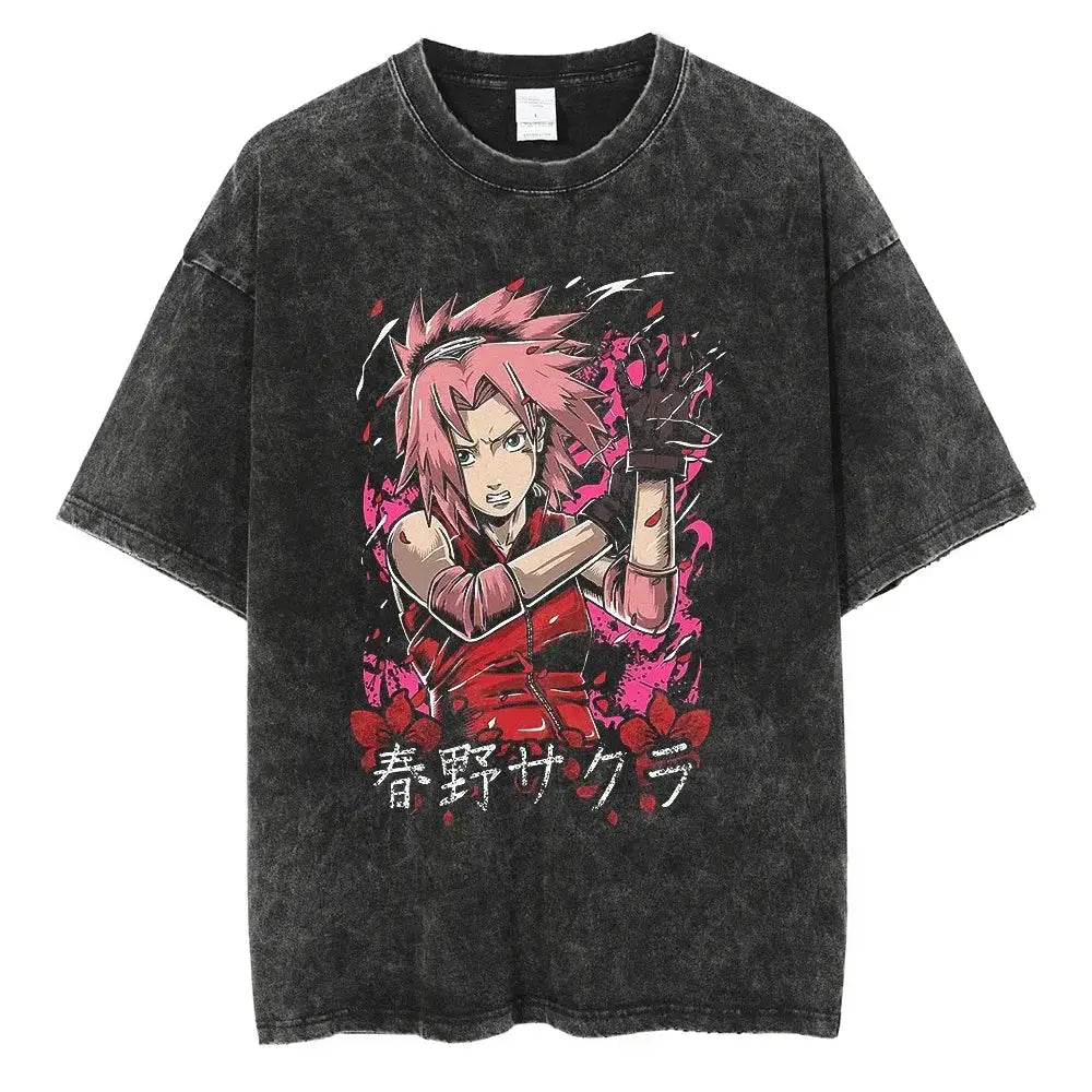 Vintage washed black Naruto Rock Lee streetwear T-shirt by Infinite Visibility showing a graphic design on the front.