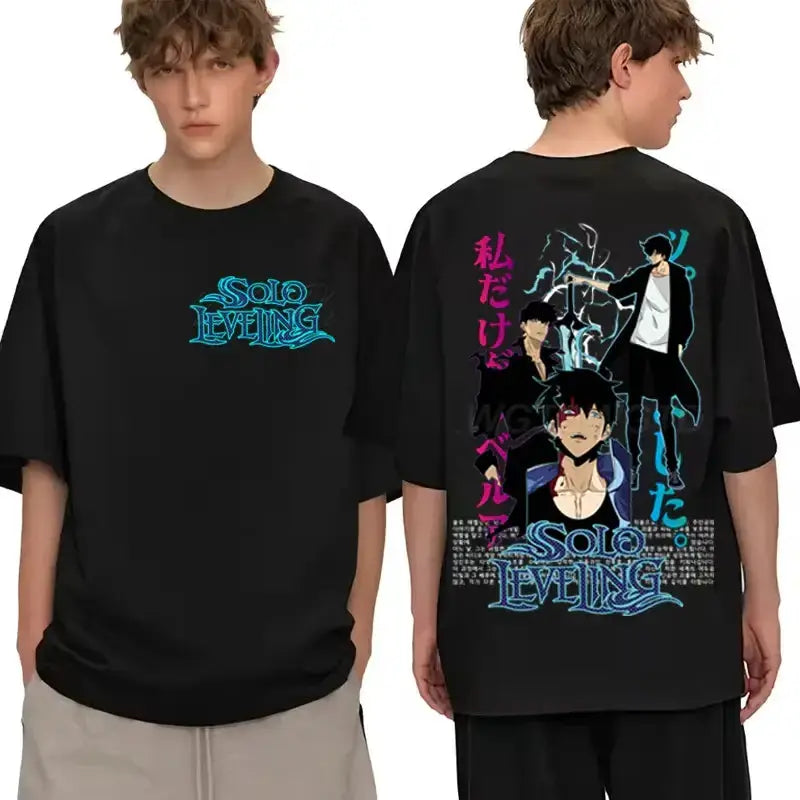 Black Solo Leveling T-shirt featuring Sung Jinwoo graphic, cotton streetwear style by Infinite Visibility.