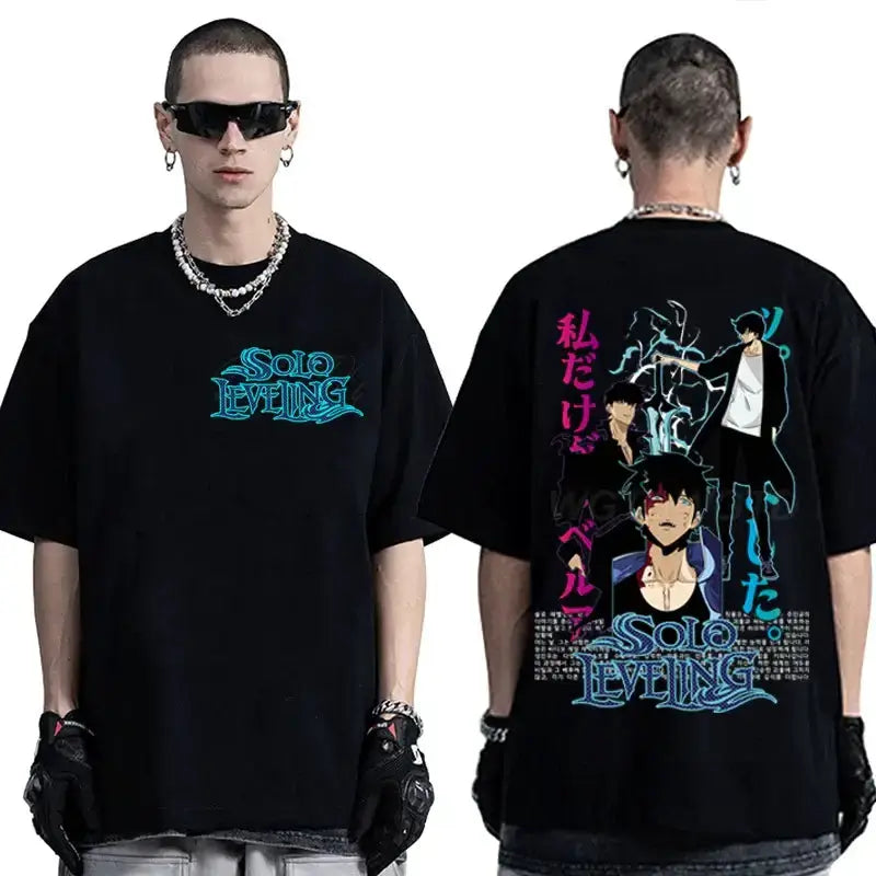 Black Solo Leveling T-shirt featuring Sung Jinwoo graphic, made of soft cotton, from Infinite Visibility streetwear collection.