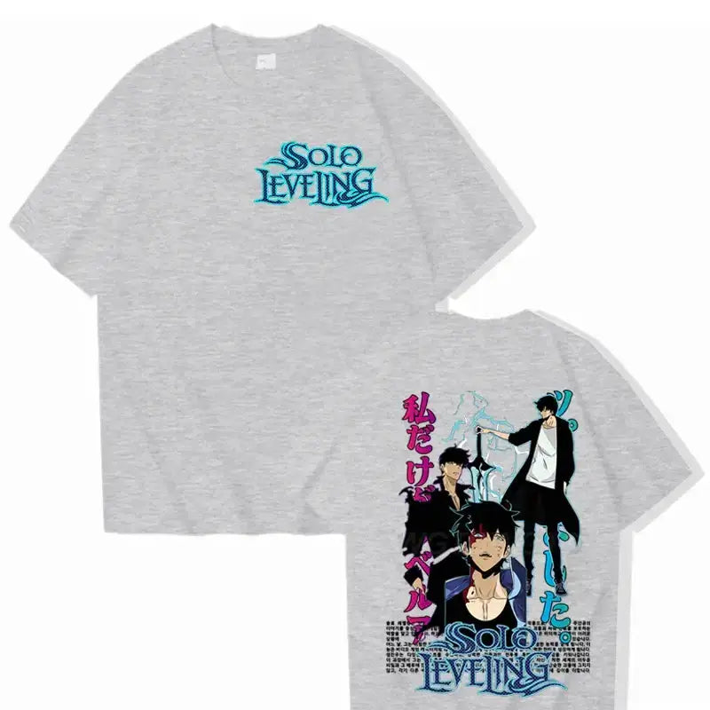 Black Solo Leveling T-shirt featuring Sung Jinwoo graphic, made of cotton, stylish streetwear by Infinite Visibility.