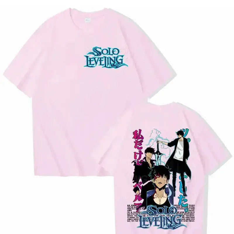 Black Solo Leveling T-shirt featuring Sung Jinwoo graphic, made of soft cotton, stylish streetwear by Infinite Visibility.