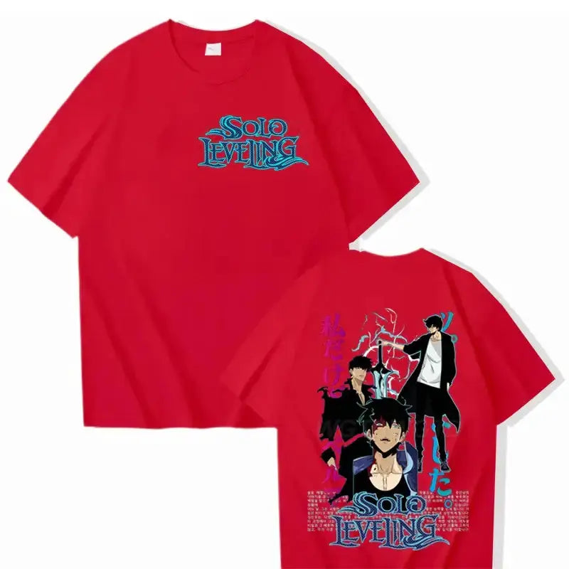 Black Solo Leveling T-shirt featuring Sung Jinwoo graphic, made of cotton, designed for streetwear by Infinite Visibility.
