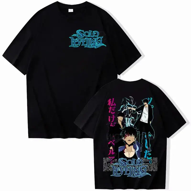 Black Solo Leveling T-shirt featuring Sung Jinwoo design, made of soft cotton, by Infinite Visibility.