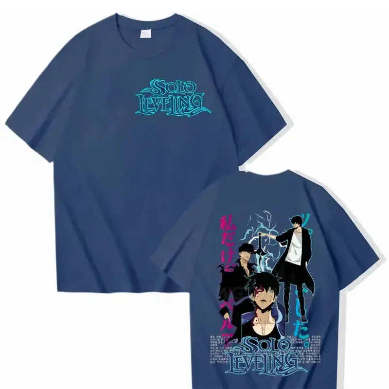 Black Solo Leveling T-shirt featuring Sung Jinwoo design from Infinite Visibility, made of comfortable cotton streetwear style.