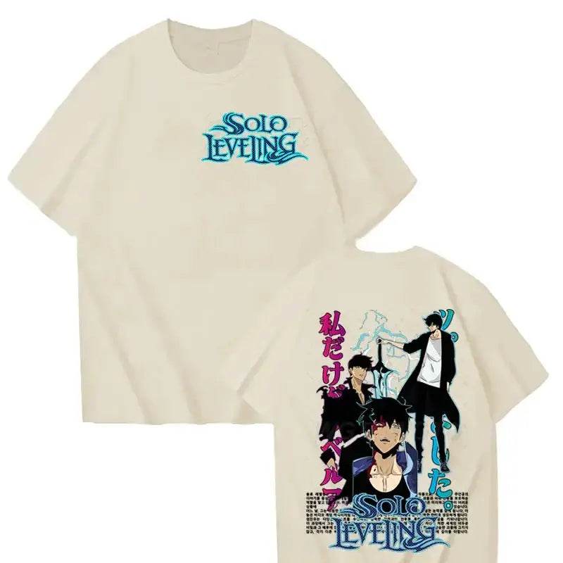 Black Solo Leveling T-shirt featuring Sung Jinwoo graphic from Infinite Visibility, made of soft cotton for casual streetwear.