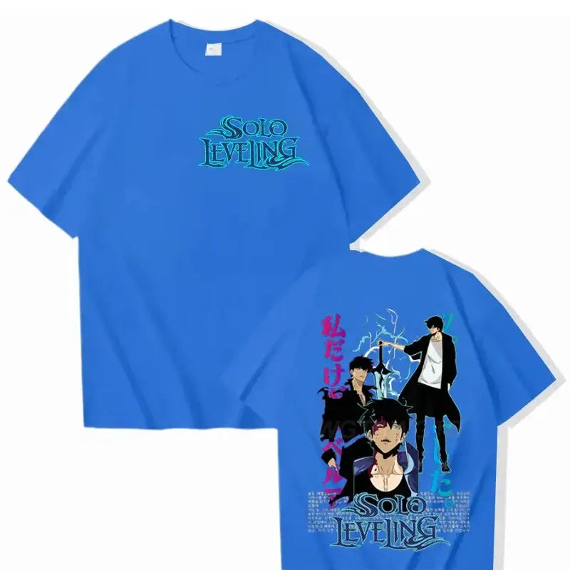Black Solo Leveling T-shirt featuring Sung Jinwoo graphic, cotton streetwear style from Infinite Visibility.
