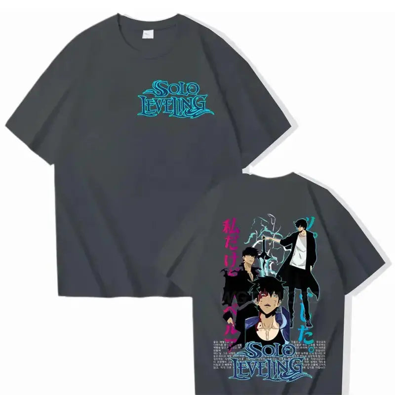Black Solo Leveling T-shirt featuring Sung Jinwoo graphic, cotton streetwear style by Infinite Visibility