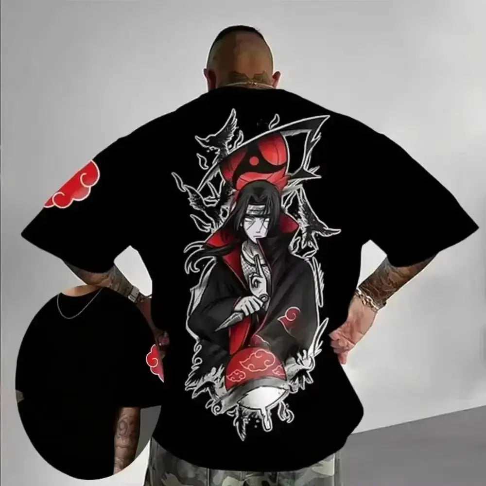 Infinite Visibility Uchiha Itachi oversized T-shirt with bold graphic print on white cotton sporty top.