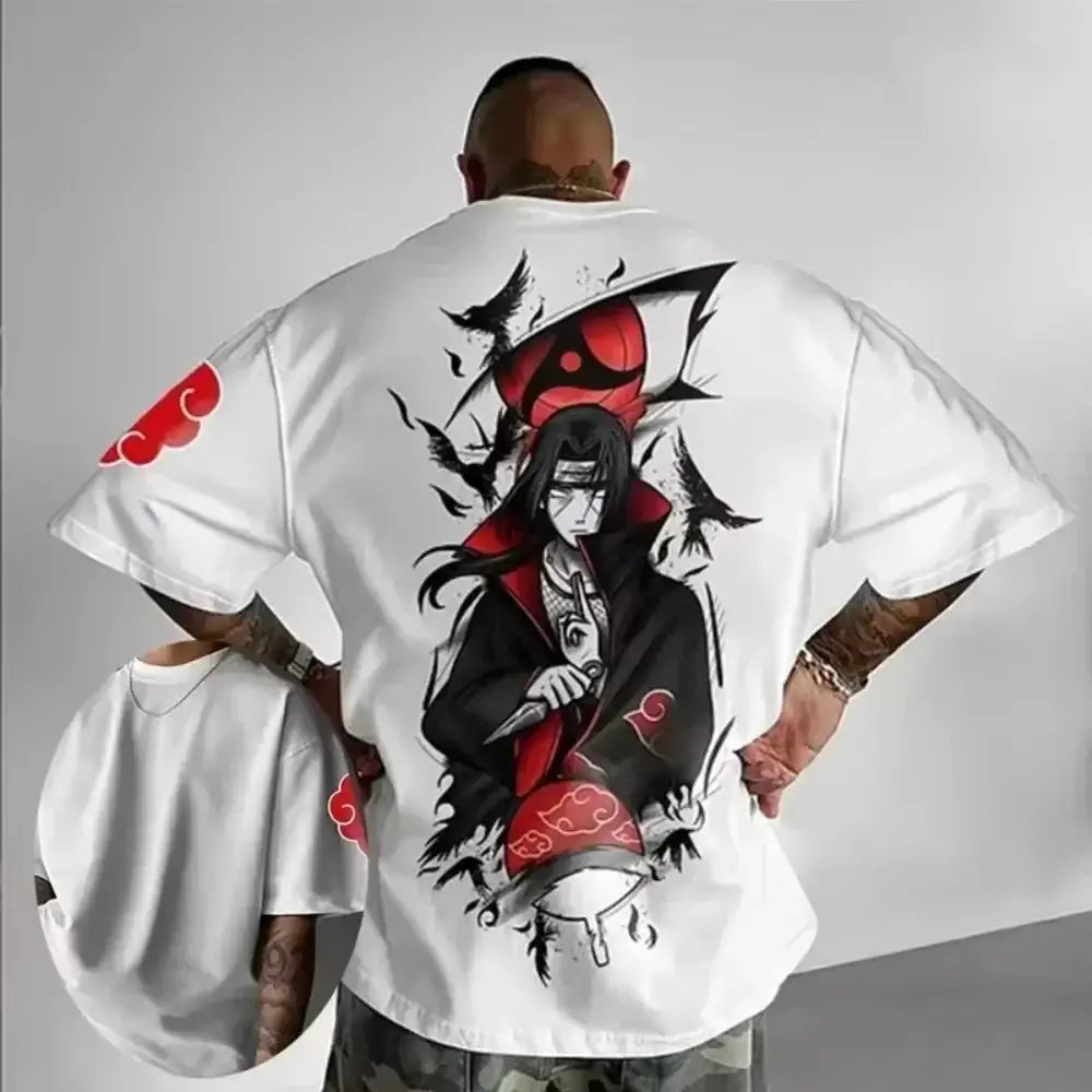 Infinite Visibility Uchiha Itachi oversized cotton T-shirt featuring a sporty design and graphic print on a black background.