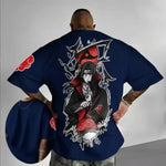 Black Uchiha Itachi oversized T-shirt by Infinite Visibility featuring a graphic print, made from comfortable MINISO cotton fabric.