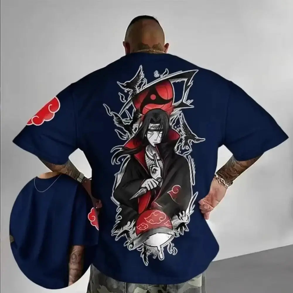 Black Uchiha Itachi oversized T-shirt by Infinite Visibility featuring a graphic print, made from comfortable MINISO cotton fabric.