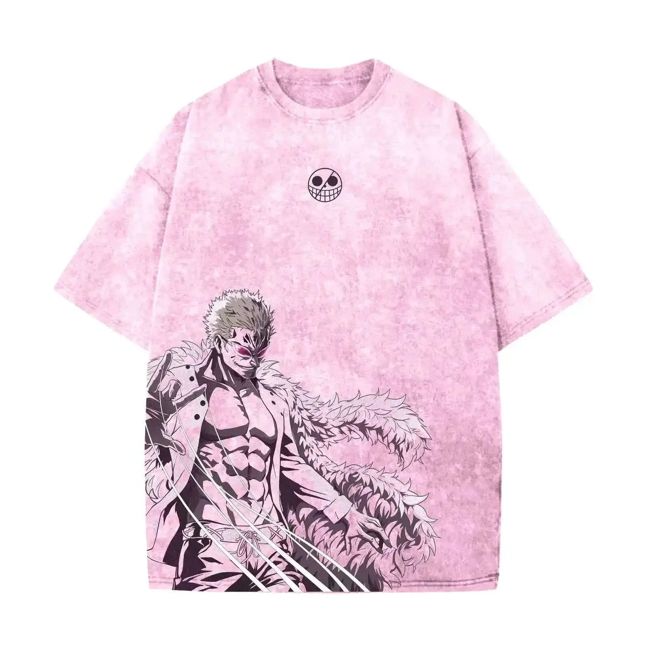 Washed Doflamingo vintage street T-shirt by Infinite Visibility featuring colorful anime-inspired design on front.