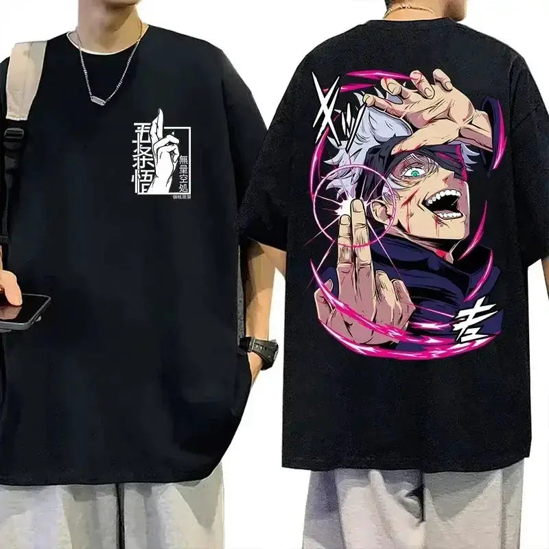 Black Gojo Satoru T-Shirt from Jujutsu Kaisen by Infinite Visibility, featuring a graphic of the character on the front.