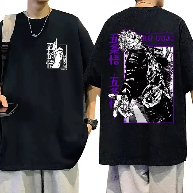 Black Gojo Satoru T-Shirt from Jujutsu Kaisen with graphic print, made of soft cotton, by Infinite Visibility.