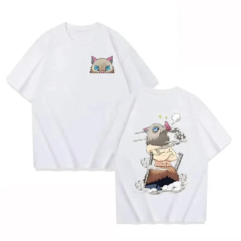 Inosuke Demon Slayer hip hop cartoon T-shirt by Infinite Visibility, featuring Inosuke's character illustration on a black cotton tee.
