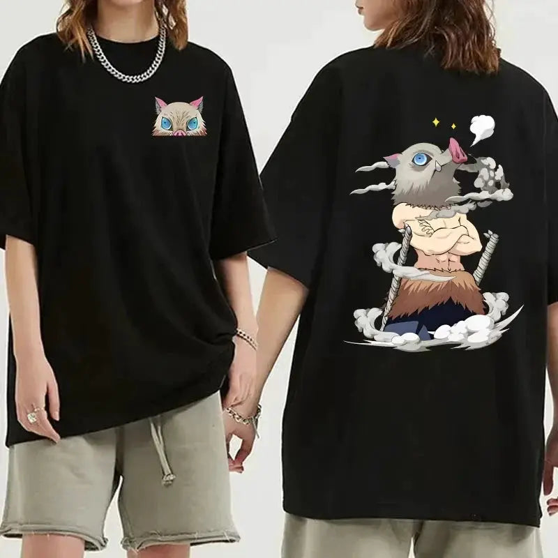 Inosuke Demon Slayer T-Shirt by Infinite Visibility featuring cartoon hip hop design, black fabric, and graphic print of Inosuke.
