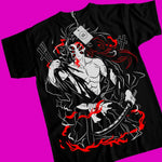 Black Hotaru Haganezuka T-shirt from Demon Slayer Y2K collection by Infinite Visibility, featuring character artwork.