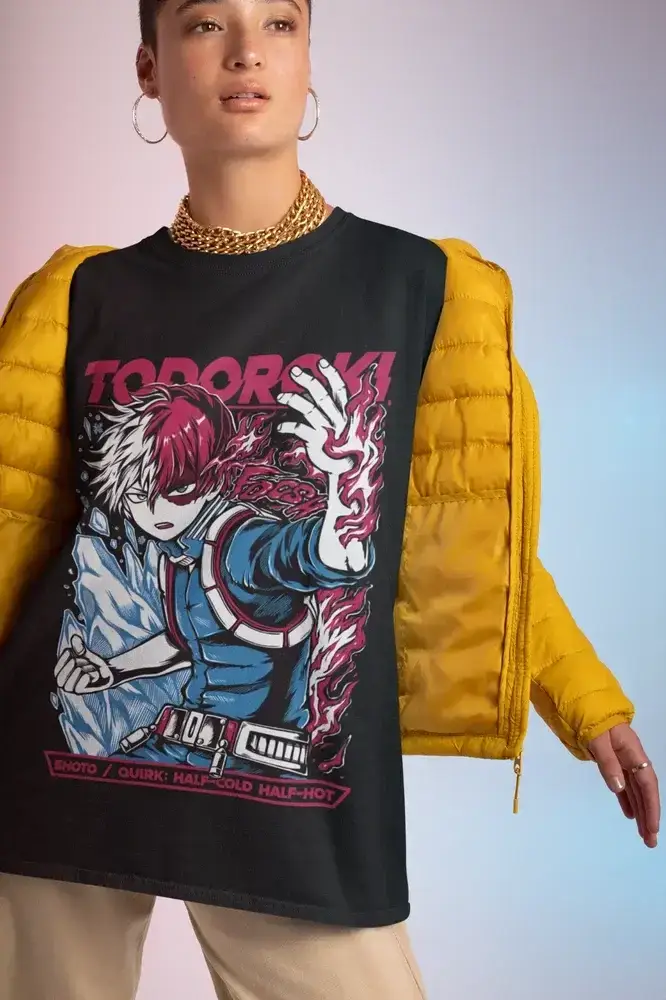 Black Shoto Todoroki T-Shirt from Infinite Visibility featuring an oversized MHA graphic design on the front.