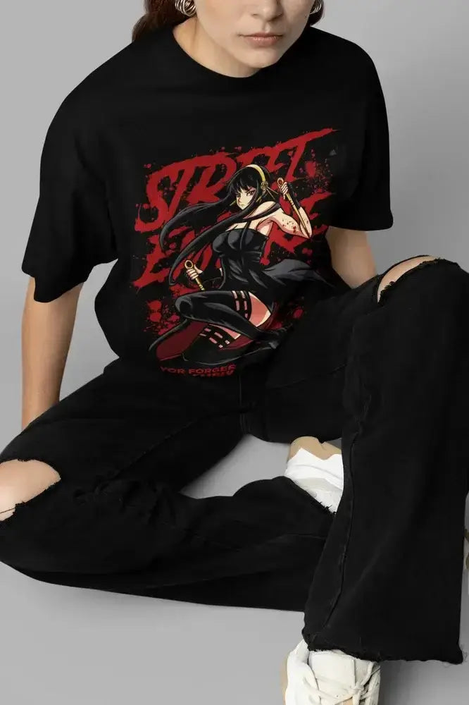 Black Spy x Family T-Shirt from Infinite Visibility featuring cute Yor, Loid, and Anya characters in an oversized fit.