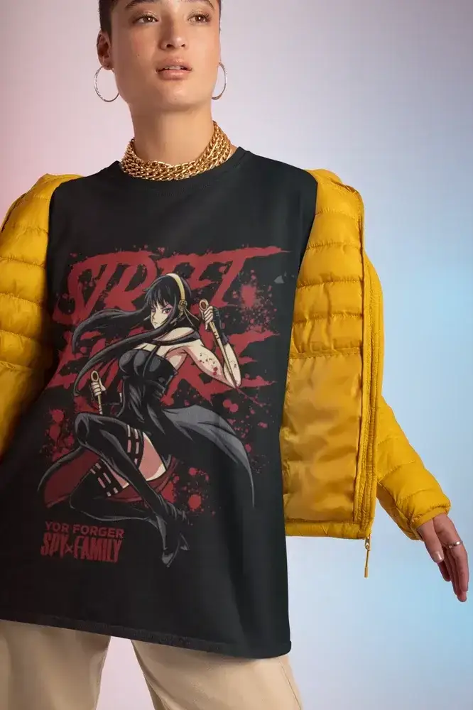 Black Spy x Family T-Shirt featuring Yor, Loid, and Anya in a cute, oversized design by Infinite Visibility.