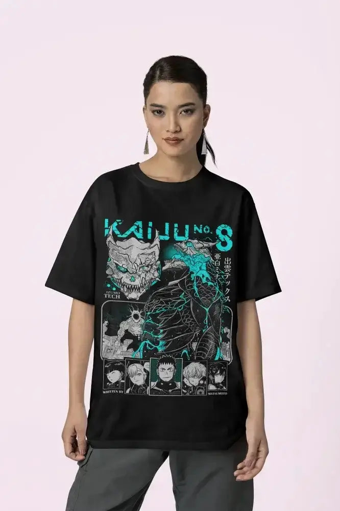 Kaiju No 8 Mina Ashiro Y2K anime graphic T-shirt by Infinite Visibility, featuring bold anime character design on a stylish tee.