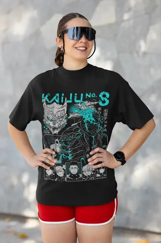 White Kaiju No 8 T-shirt featuring Mina Ashiro Y2K anime graphic print, casual fit, by Infinite Visibility.