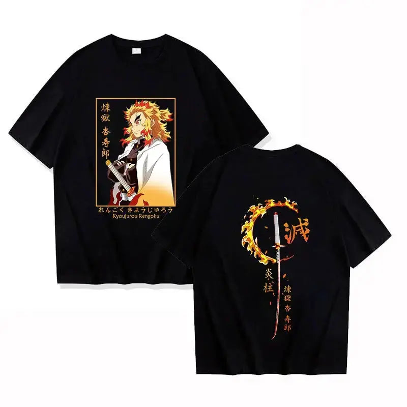 Printed Rengoku Kyoujurou T-shirt from Demon Slayer by Infinite Visibility, featuring detailed character artwork on a casual tee.