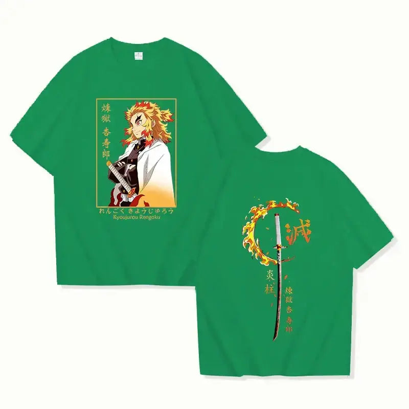 Rengoku Kyoujurou printed T-shirt from Demon Slayer by Infinite Visibility, featuring vibrant character artwork on the front.