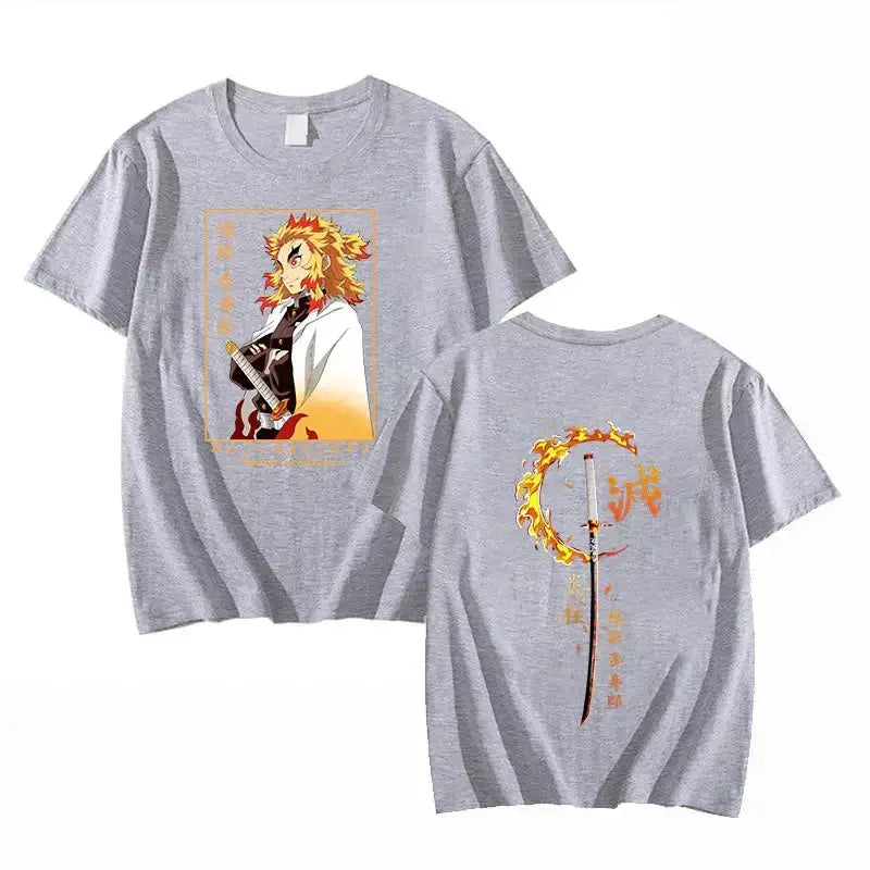Red Rengoku Kyoujurou Demon Slayer printed T-shirt by Infinite Visibility featuring character artwork on a casual tee.