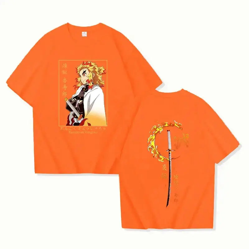 Printed T-shirt featuring Rengoku Kyoujurou from Demon Slayer, Infinite Visibility brand, with detailed character design and vibrant colors.